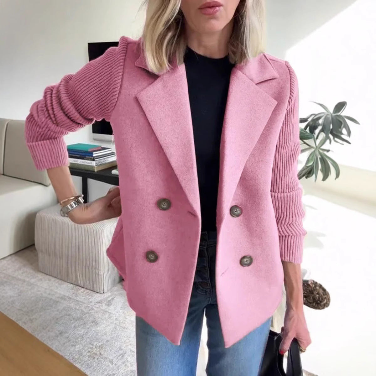 Damen Blazer – Oversized Fit – Doppelreiher – Gerippte Ärmel – Weiche Struktur