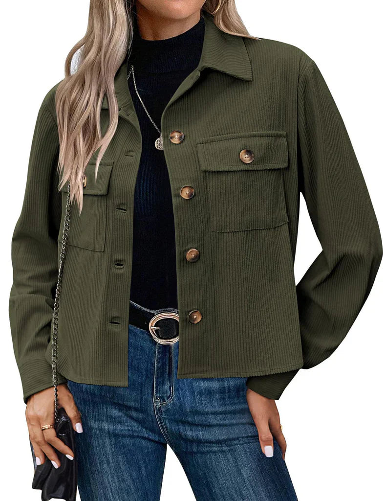 Damen Utility-Jacke – Lockere Passform – Gerippte Struktur – Knopfleiste – Brusttaschen