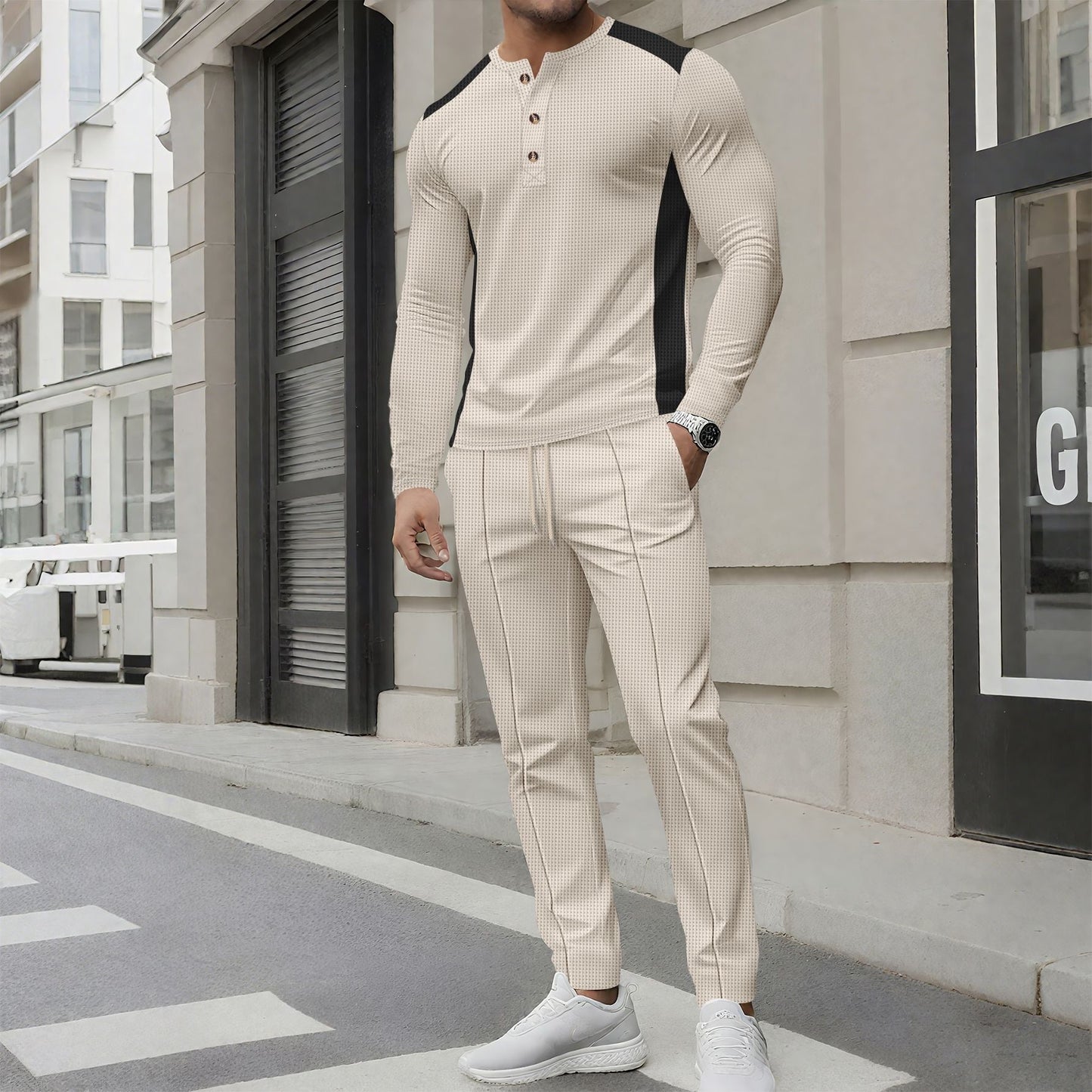 Herren Trainingsanzug – Slim Fit – Langarm Henley – Atmungsaktiv mit Rippbündchen