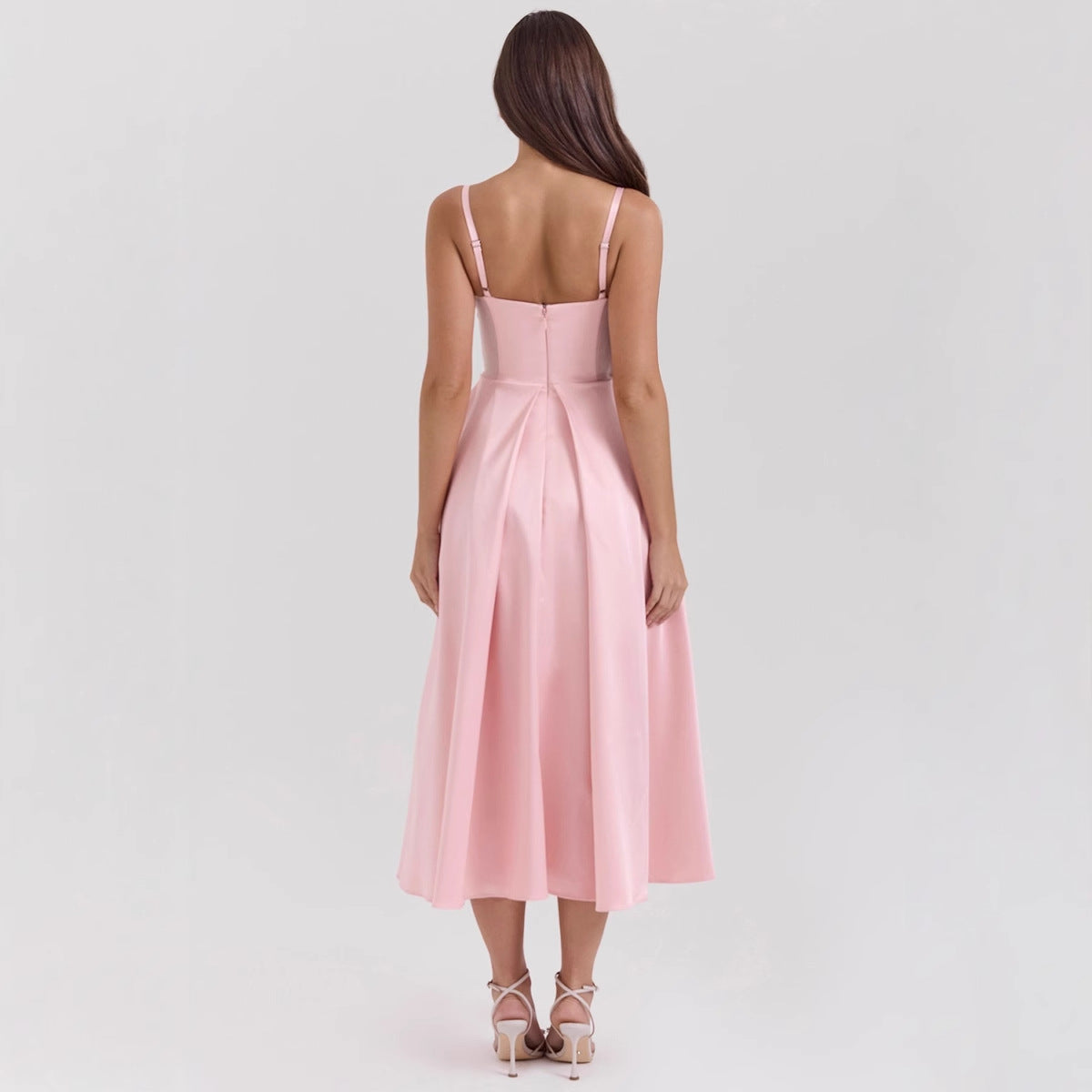 Damen Abendkleid – Luxusstoff – V-Ausschnitt – Spaghettiträger – A-Linie Midi