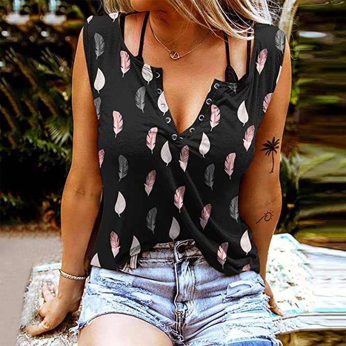 Damen ärmelloses T-Shirt – Relaxed Fit – V-Ausschnitt mit Knopfleiste – Federprint
