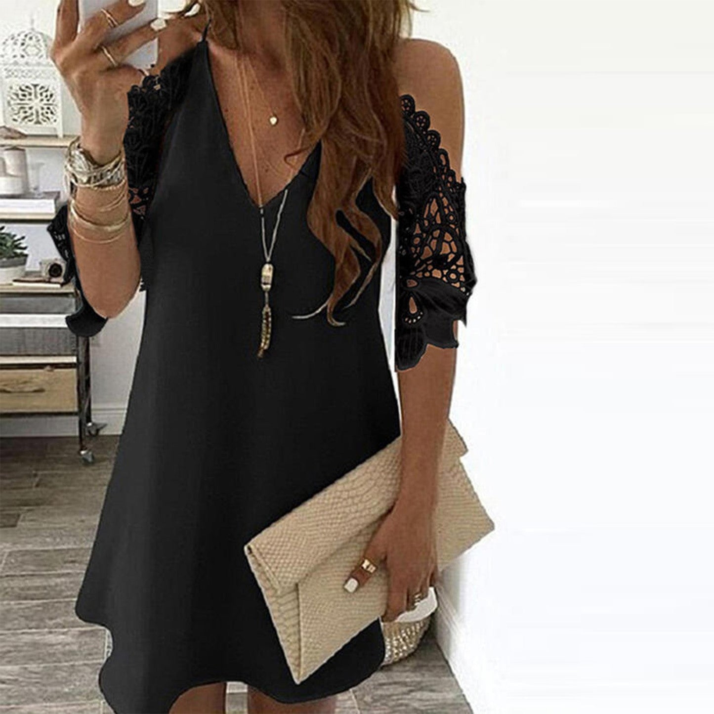 Damen A-Linienkleid – V-Ausschnitt – Spitzenärmel – Cold Shoulder – Luftig Leicht