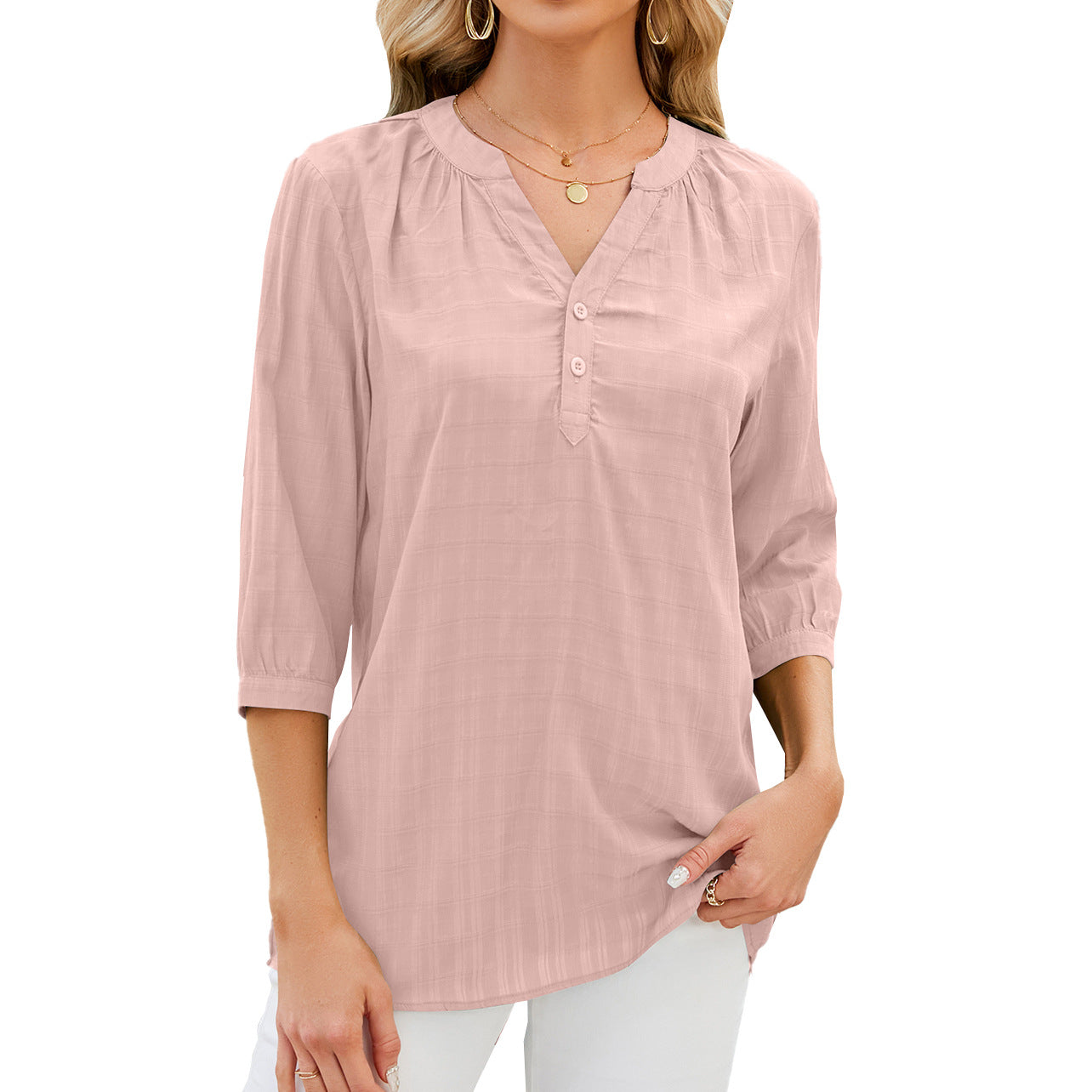 Damen Bluse – Lockere Passform – Atmungsaktives Material – 3/4 Arm – V-Ausschnitt