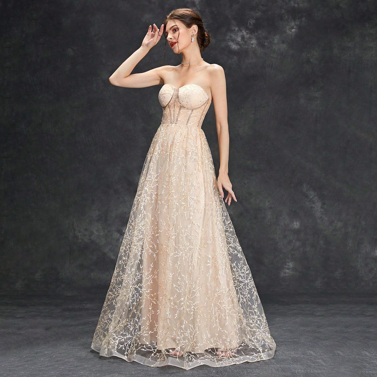 Damen Abendkleid – A-Linie – Schulterfrei – Bestickter Tüll – Bodenlang