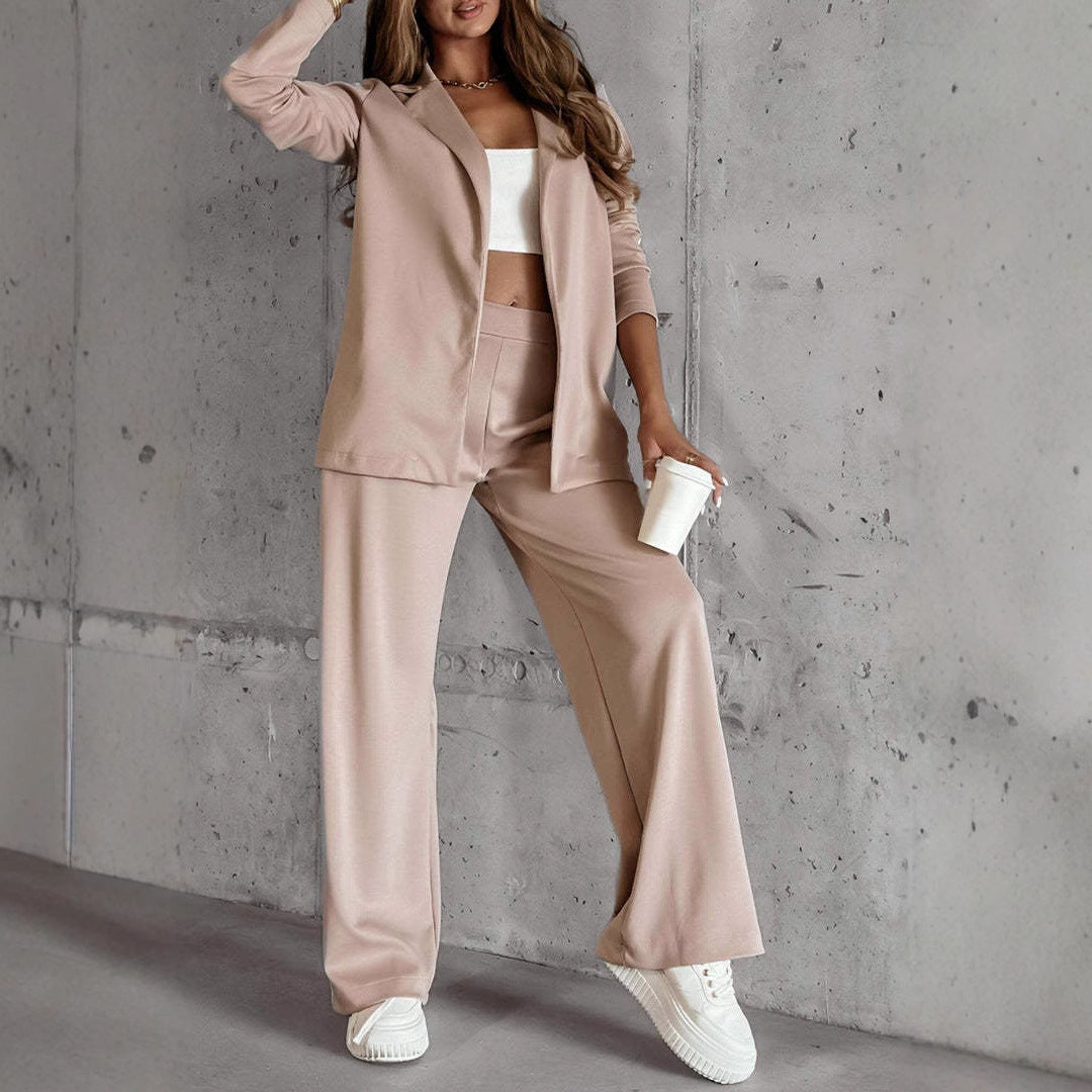 Damen Blazer Set – Relaxed Fit – Atmungsaktive Mischung – Weites Bein – Hohe Taille