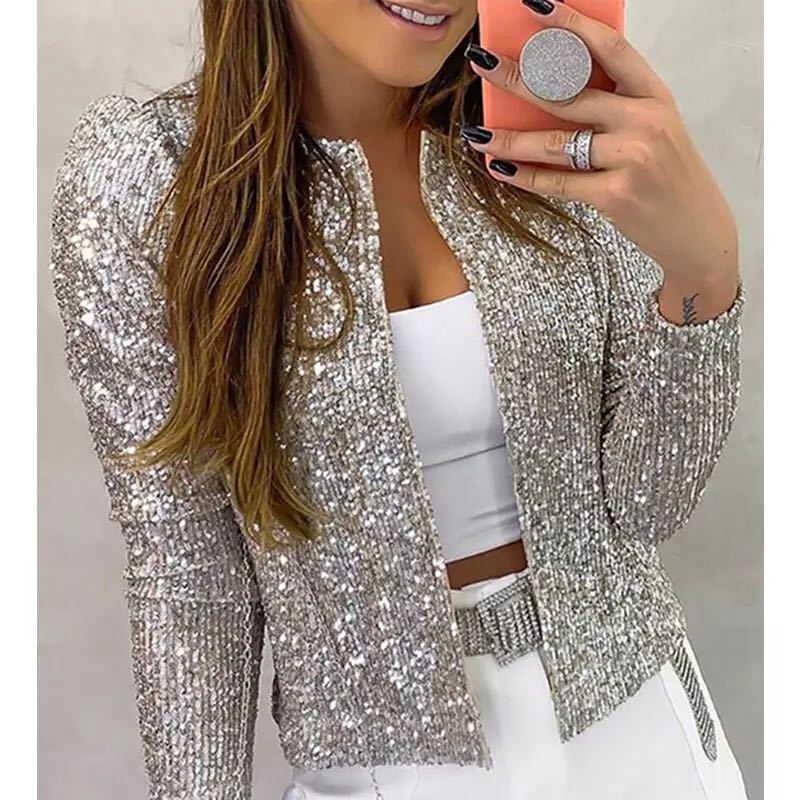 Damen Kurzjacke – Tailor Fit – Glänzendes Pailletten-Design – Stehkragen – Langarm