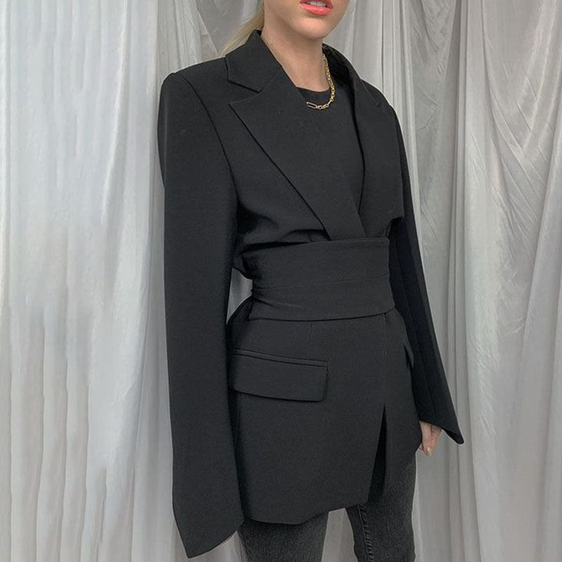 Damen Blazer – Longline Schnitt – Tailliert – Bindegürtel – Eleganter Reverskragen