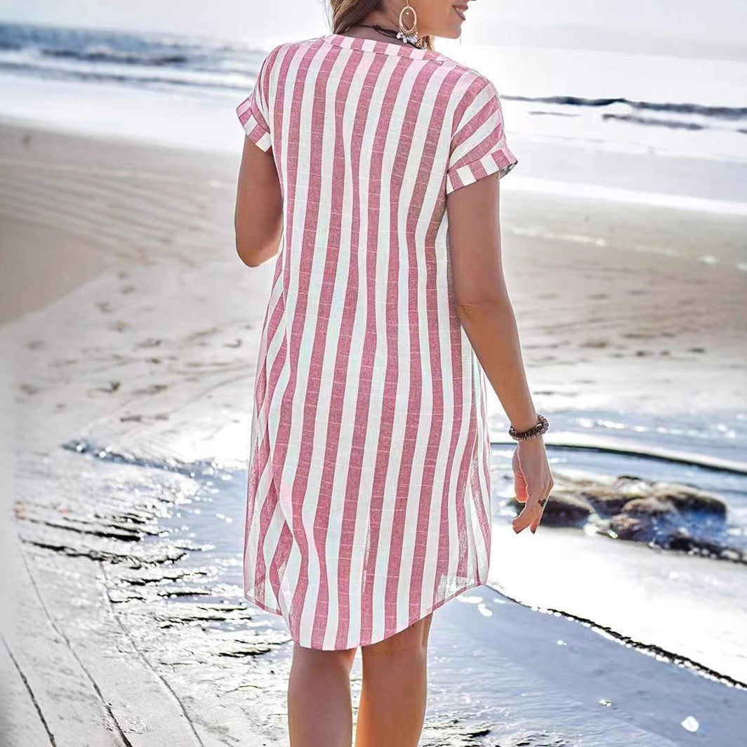 Damen Hemdkleid – Relaxed Fit – V-Ausschnitt – Vertikale Streifen – Knopfleiste – Atmungsaktive Fasern – Knielang