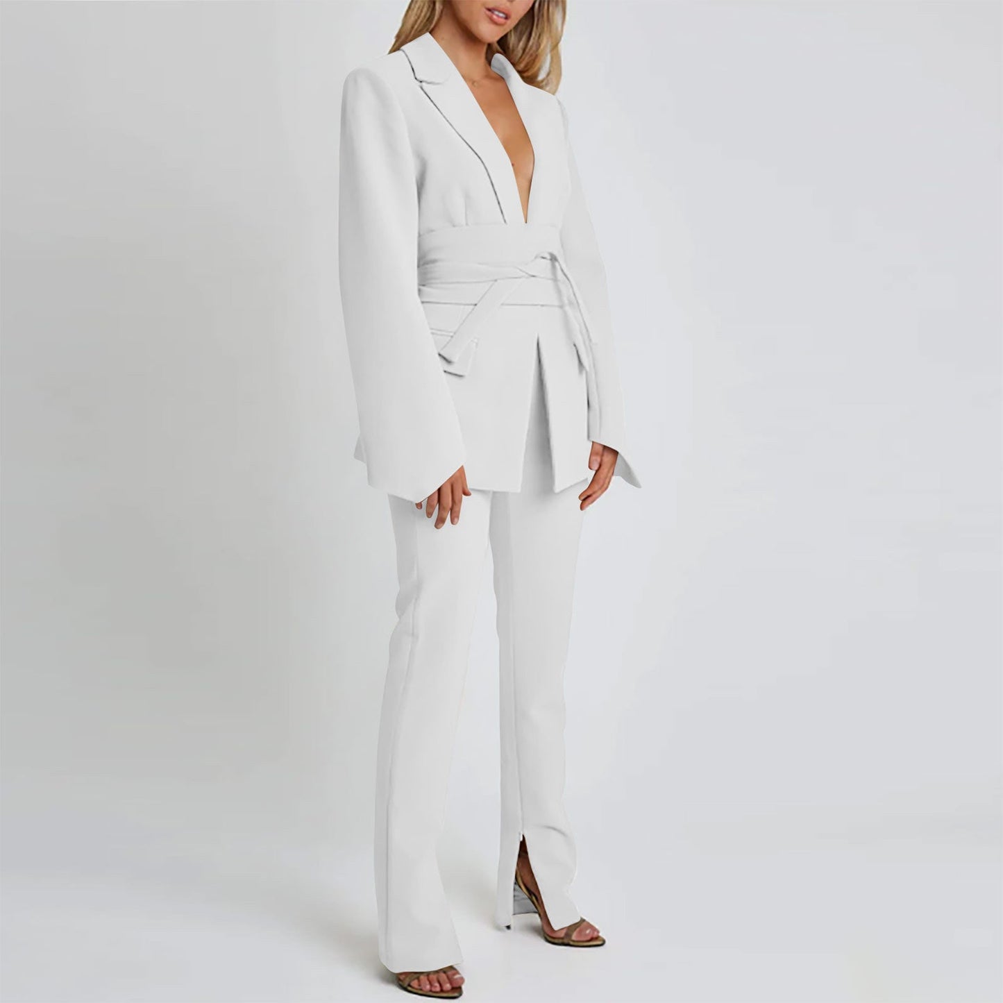 Damen Blazer – Longline Schnitt – Tailliert – Bindegürtel – Eleganter Reverskragen