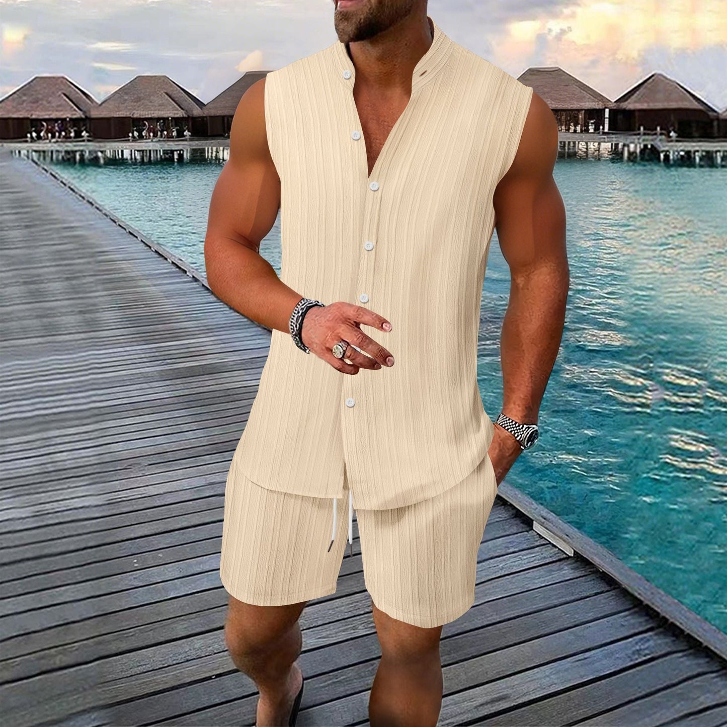 Herren Ärmelloses Hemd – Linnen – Relaxed Fit – Stehkragen – Knopfleiste