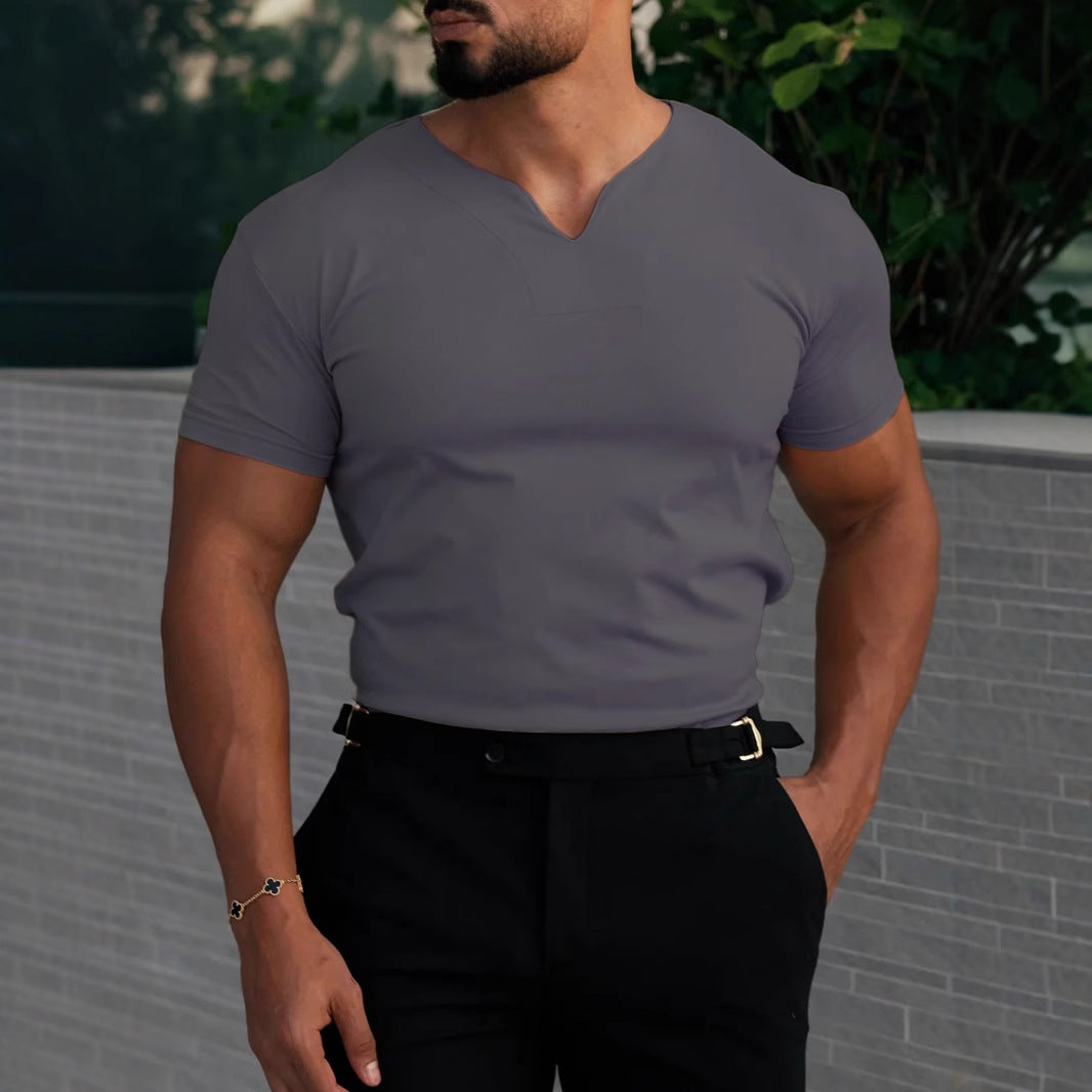 Herren V-Ausschnitt T-Shirt – Slim Fit – Atmungsaktives Stretchmaterial – Kurzarm