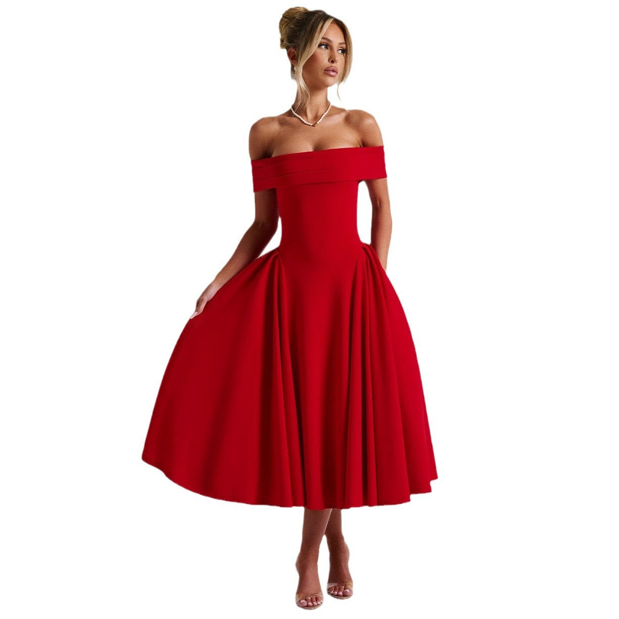 Damen Midikleid – Off Shoulder – A-Linien-Schnitt – Eleganter Look – Luxusstoff