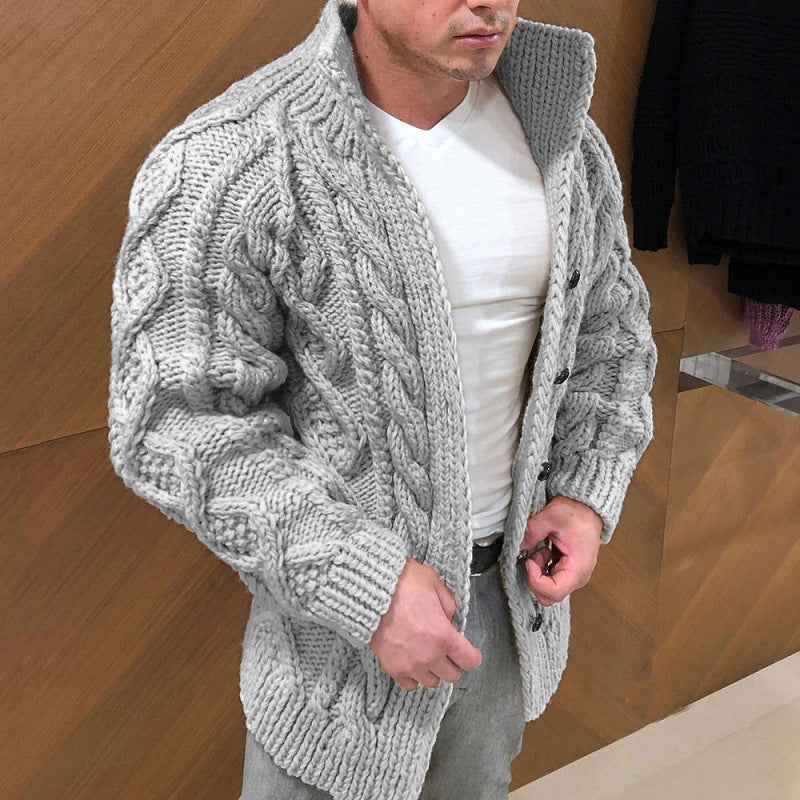 Herren Strickjacke – Wollmix – Oversized Fit – Twisted Jacquard – Stehkragen