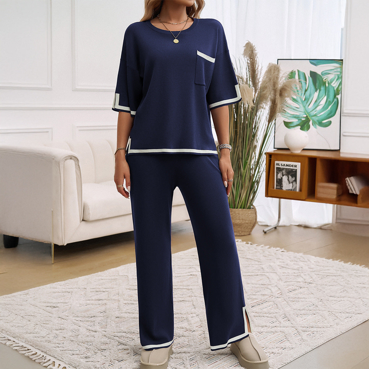 Damen Lounge Set – Strick – Relaxed Fit – Weites Bein – Kontrastdetails