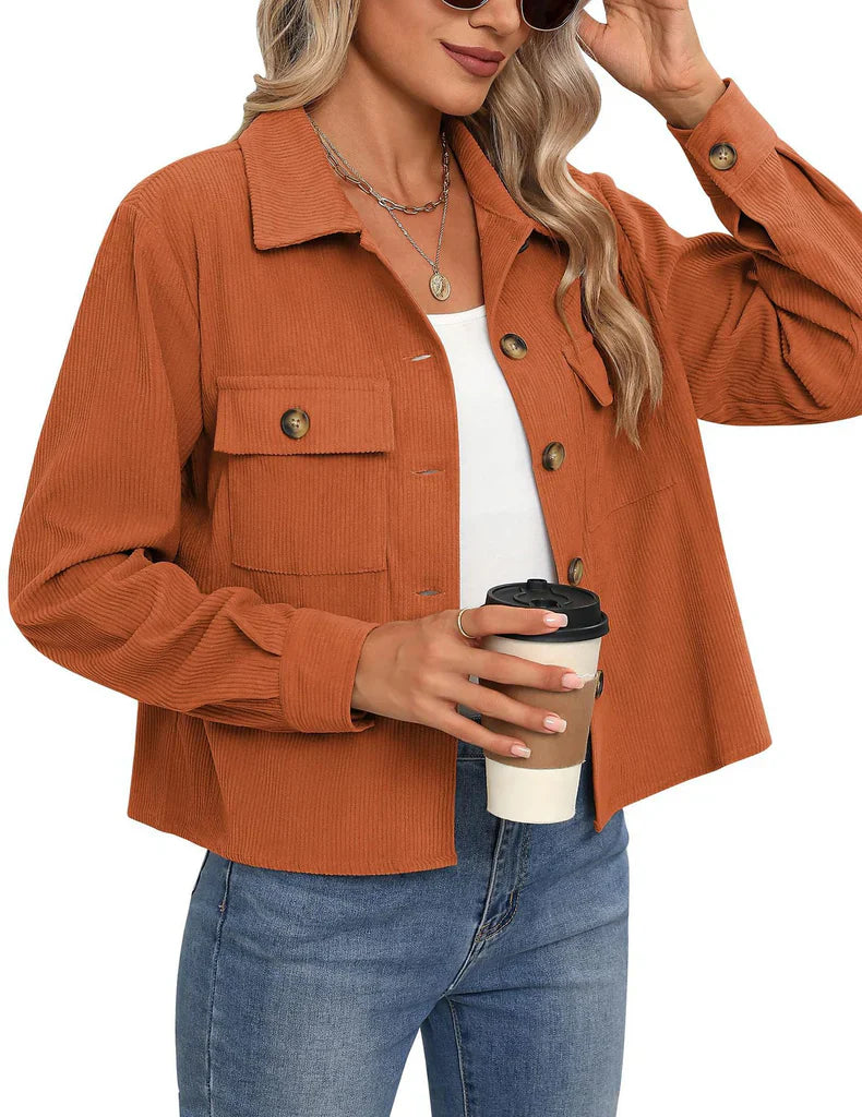 Damen Utility-Jacke – Lockere Passform – Gerippte Struktur – Knopfleiste – Brusttaschen