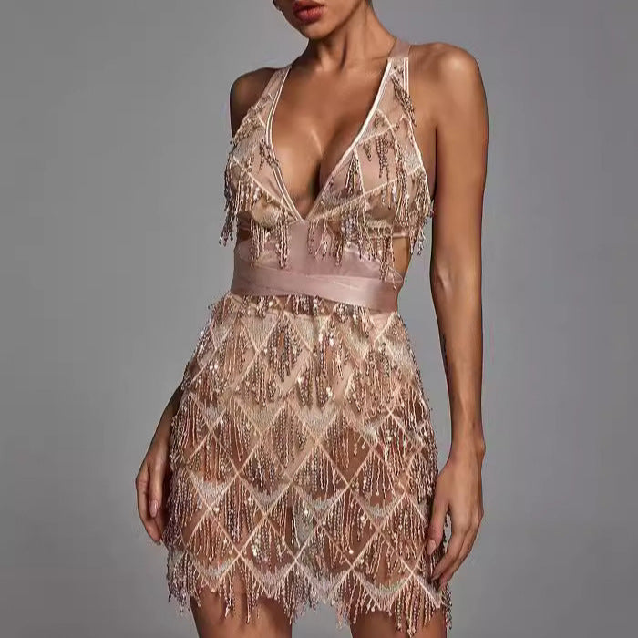 Damen Midikleid – Figurbetont – V-Ausschnitt – Pailletten mit Quasten – Geometrisch