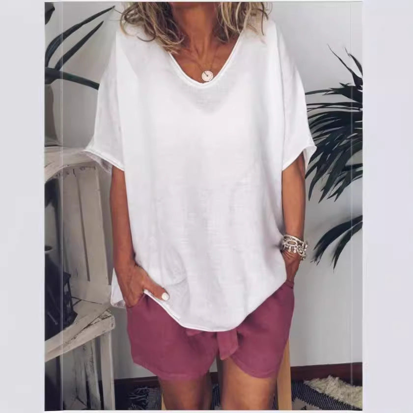 Damen T-Shirt – Linnen Baumwollmix – Lockerer Schnitt – V-Ausschnitt Kurzarm