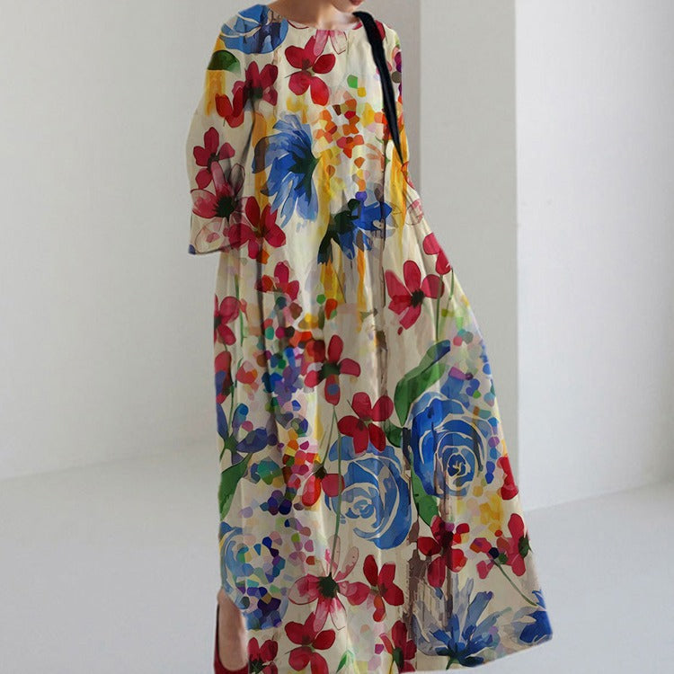 Damen Maxikleid – A-Linie – Luftiger Schnitt – Florales Muster – Lange Ärmel