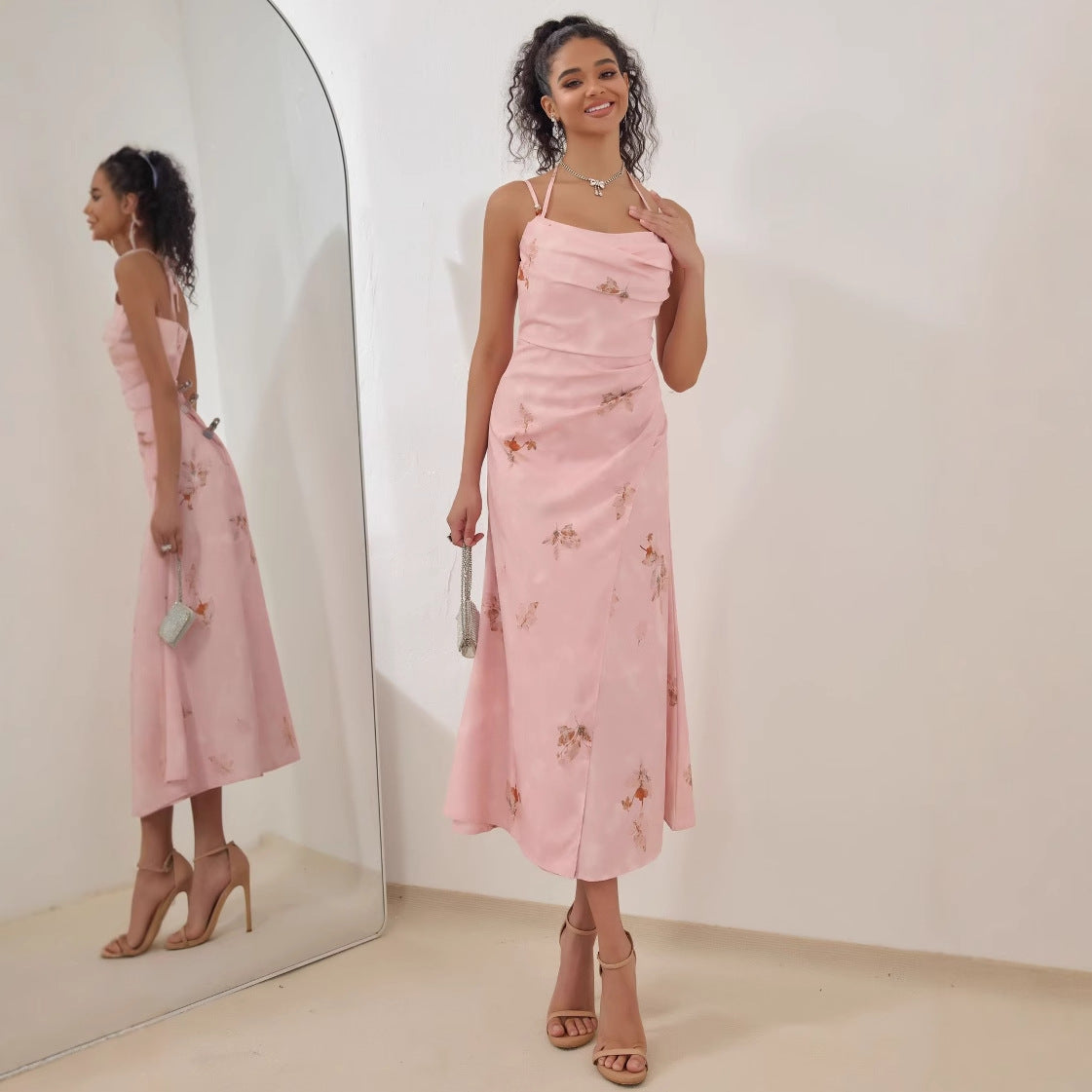 Damen Midi Kleid – A-Linie – Strappy Design – Raffung – Florales Muster – Luxus Stoff
