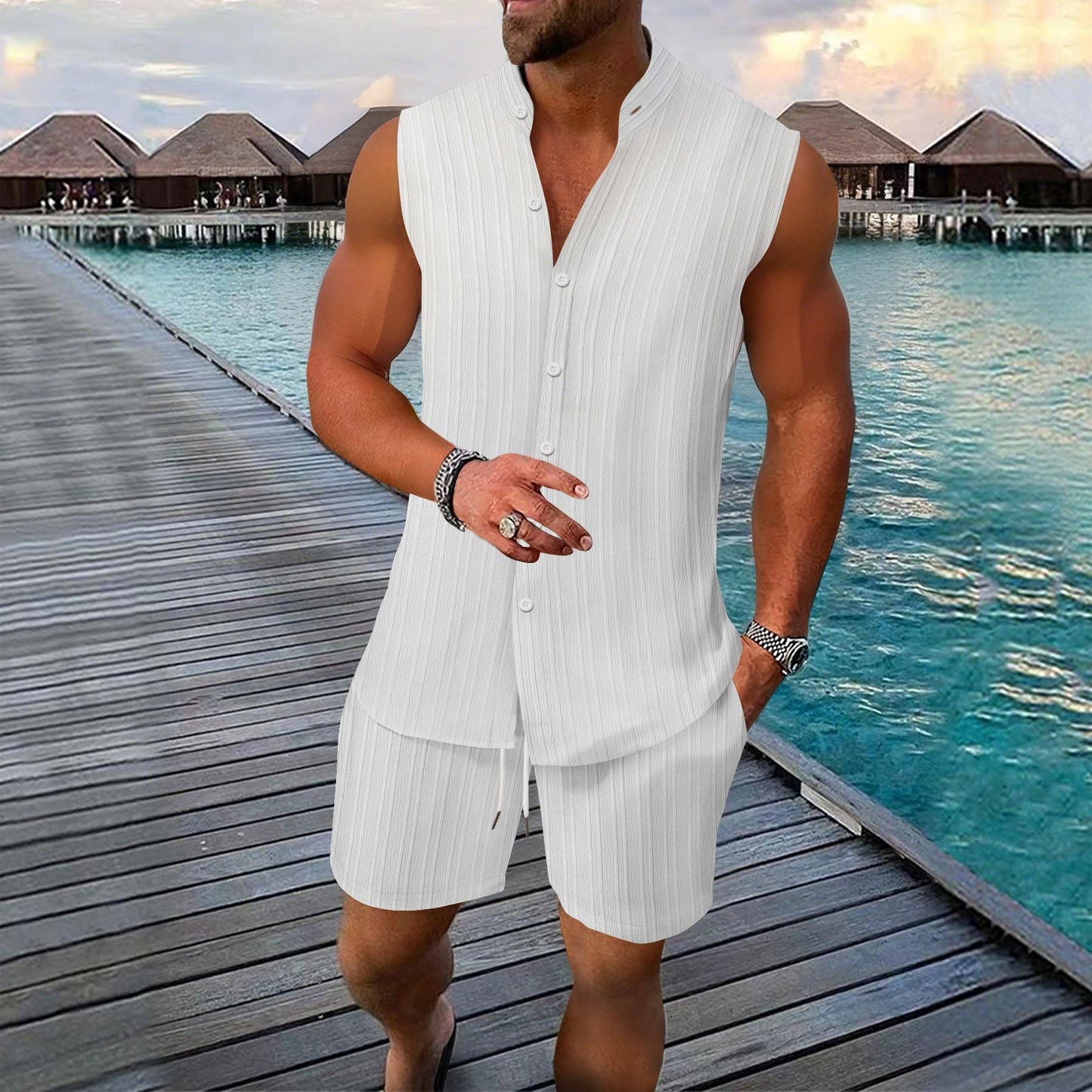 Herren Ärmelloses Hemd – Linnen – Relaxed Fit – Stehkragen – Knopfleiste