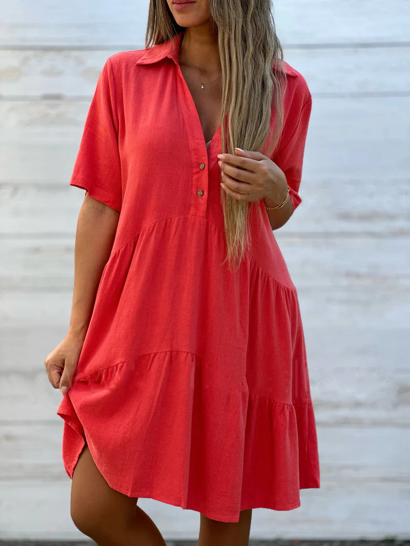 Damen Kleid – Relaxed Fit – Kurzarm – Knopfleiste mit Kragen – Stufig – Naturfaser