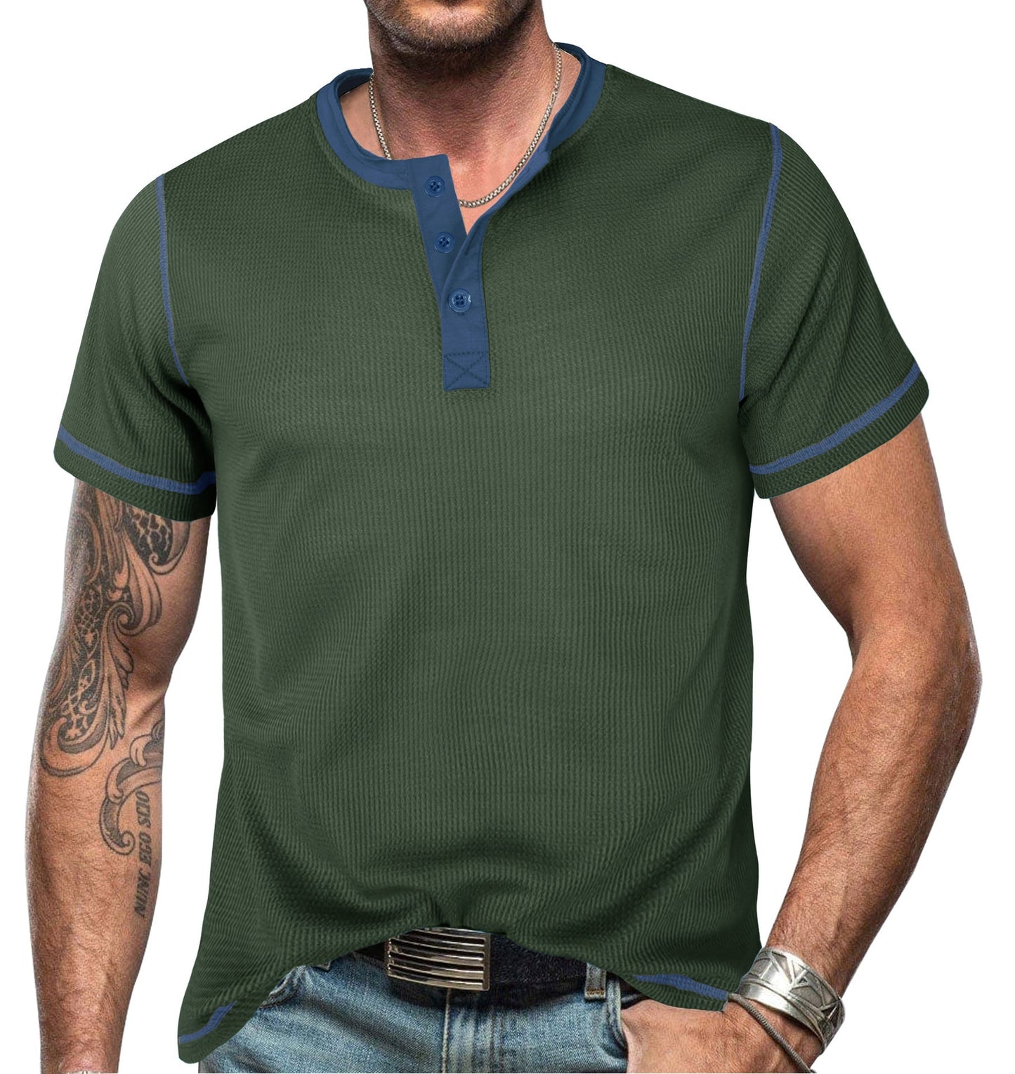 Herren Henley Shirt – Slim Fit – Atmungsaktive Baumwolle – Kurzarm mit Ziernähten