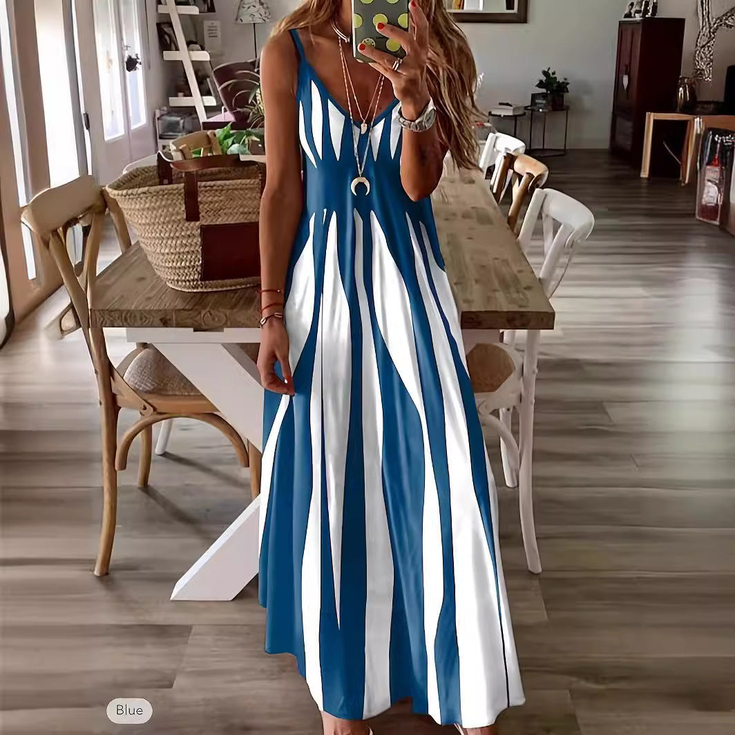 Damen Maxikleid – V-Ausschnitt – Spaghettiträger verstellbar – Gestreift – A-Linie Fließend