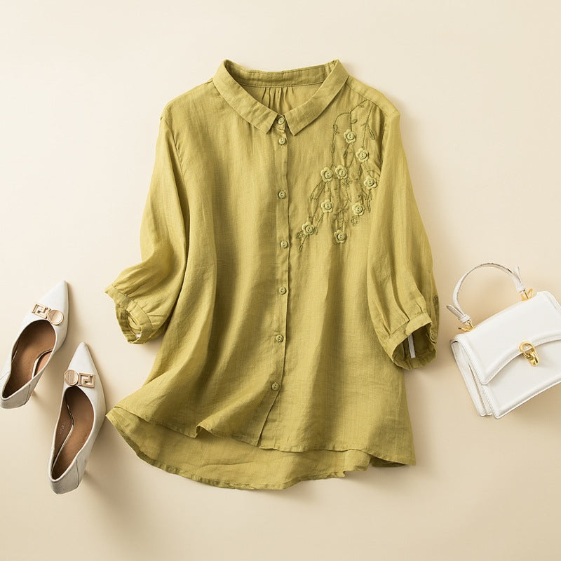 Damen Bluse – Lockere Passform – Natürliche Fasern – Halbarm – Stickerei-Detail