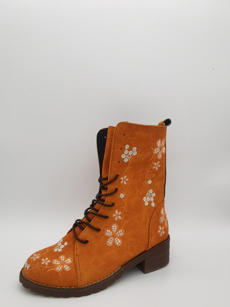 Damen Mid-Calf Boots – Strukturierte Passform – Stickerei – Blockabsatz – Reißverschluss