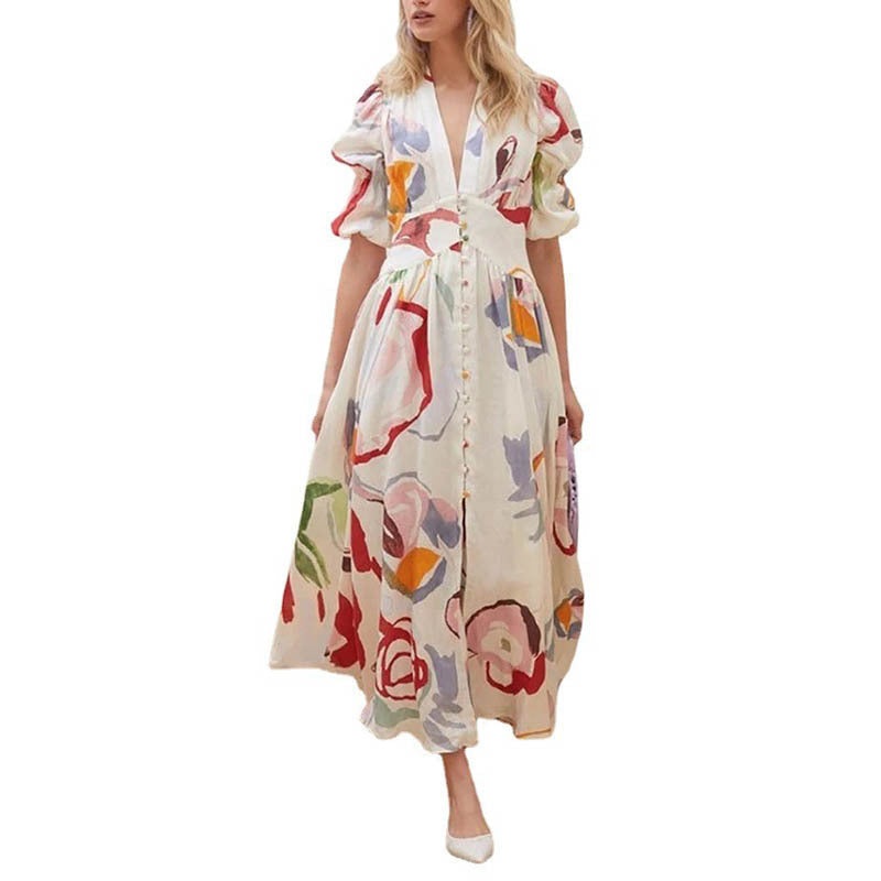 Damen Maxikleid – Natürliche Fasern – Lockere Passform – Ballonärmel – Knopfleiste