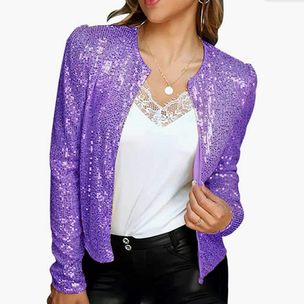 Damen Kurzjacke – Tailor Fit – Glänzendes Pailletten-Design – Stehkragen – Langarm