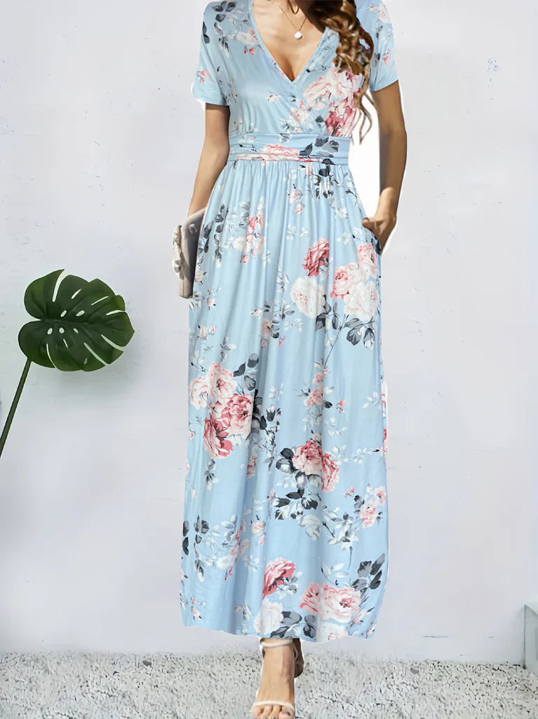 Damen Maxikleid – Wickelstil – A-Linie – Geblümtes Muster – Kurzarm – Atmungsaktiv