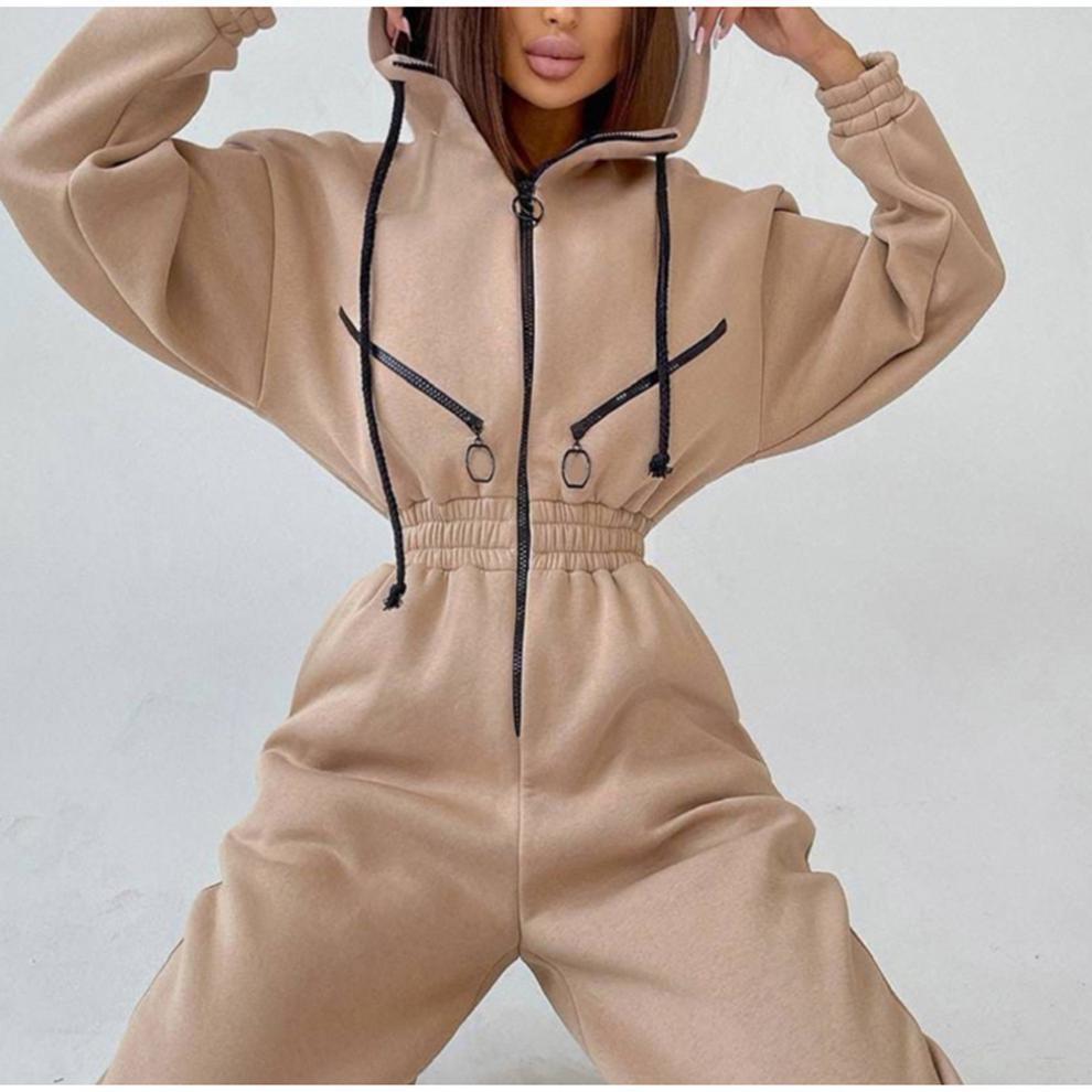 Damen Jumpsuit – Relaxed Fit – Baumwollmix – Kapuze – Reißverschluss – Bündchenabschluss