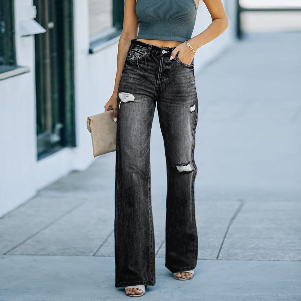 Damen Jeans – High Waist – Weites Bein – Relaxed Fit – Distressed – Lang