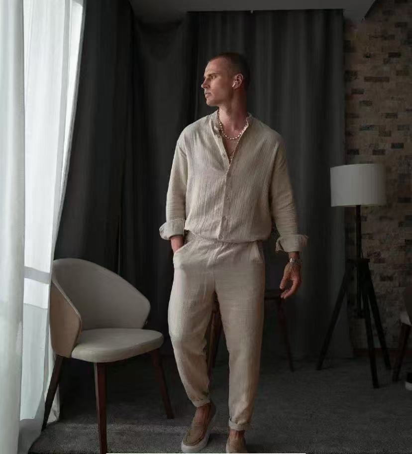 Herren Freizeit Set – Linnen-Mix – Relaxed Fit – Hemd mit Knöpfen & Tapered Hose