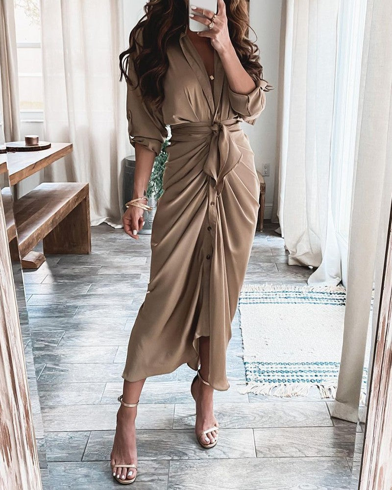 Damen Maxikleid – V-Ausschnitt – Knopfleiste – Bindegürtel – Langarm – Baumwollmix