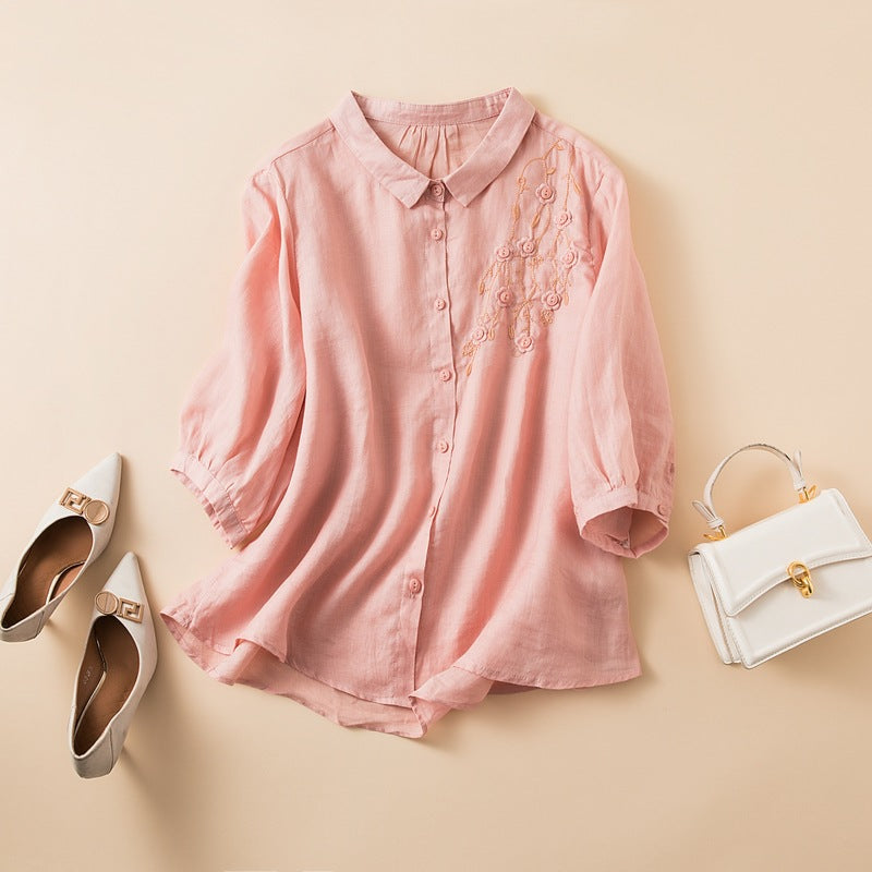 Damen Bluse – Lockere Passform – Natürliche Fasern – Halbarm – Stickerei-Detail