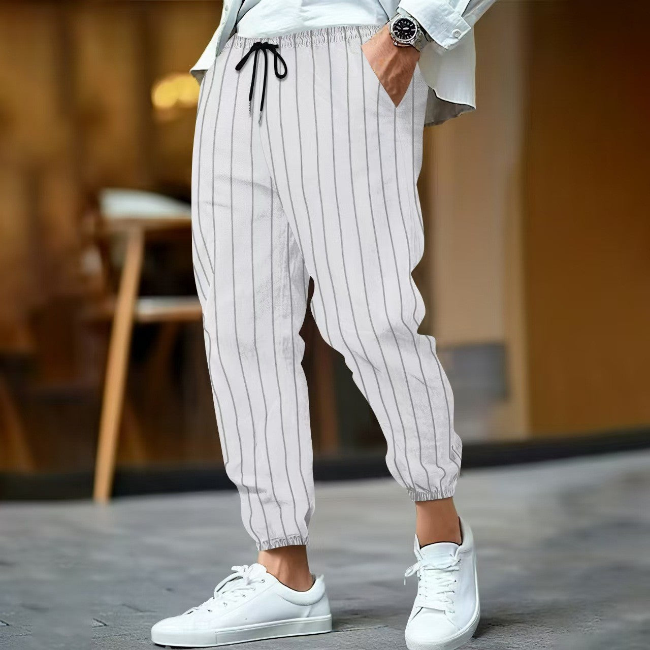 Herren Freizeithose – Lockerer Schnitt – Baumwollmix – Elastikbund mit Kordelzug