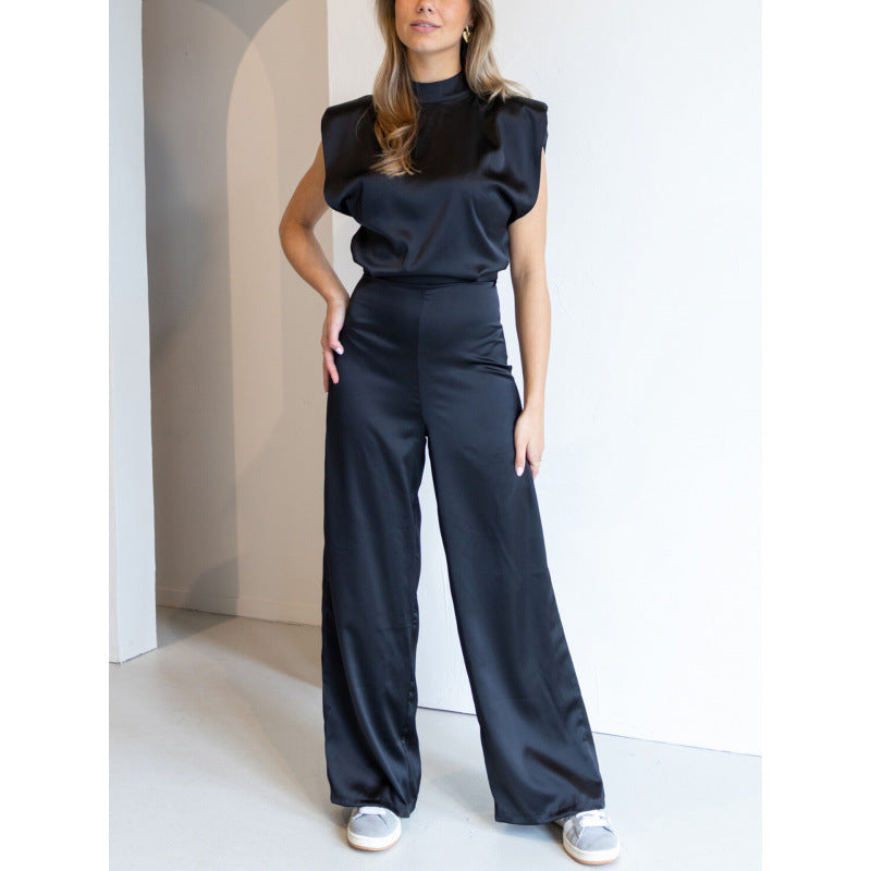 Damen Jumpsuit – Satinoptik – Weit Bein – Ärmellos – Lockerer Schnitt – Hoher Ausschnitt