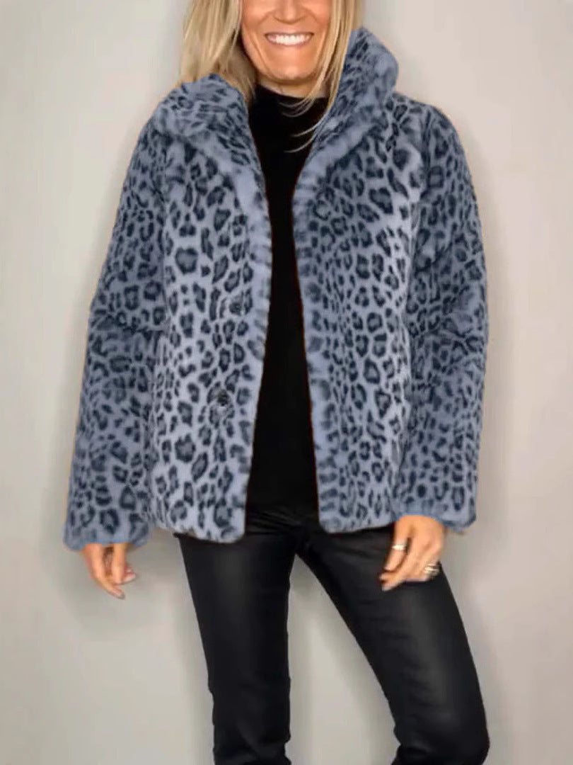Damen Mantel – Kunstfell – Oversize Passform – Reverskragen – Leopardenmuster