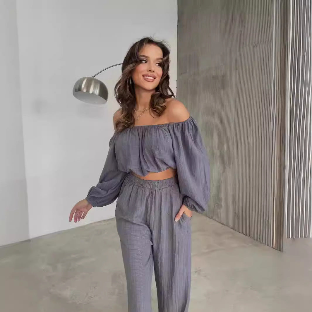 Damen Zweiteiler Set – Off Shoulder Crop Top – Weit Beinschnitt – Elastischer Bund