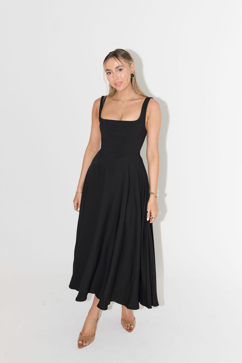 Damen Midikleid – Figurbetontes Oberteil – A-Linie – Luxusstoff – Square-Ausschnitt