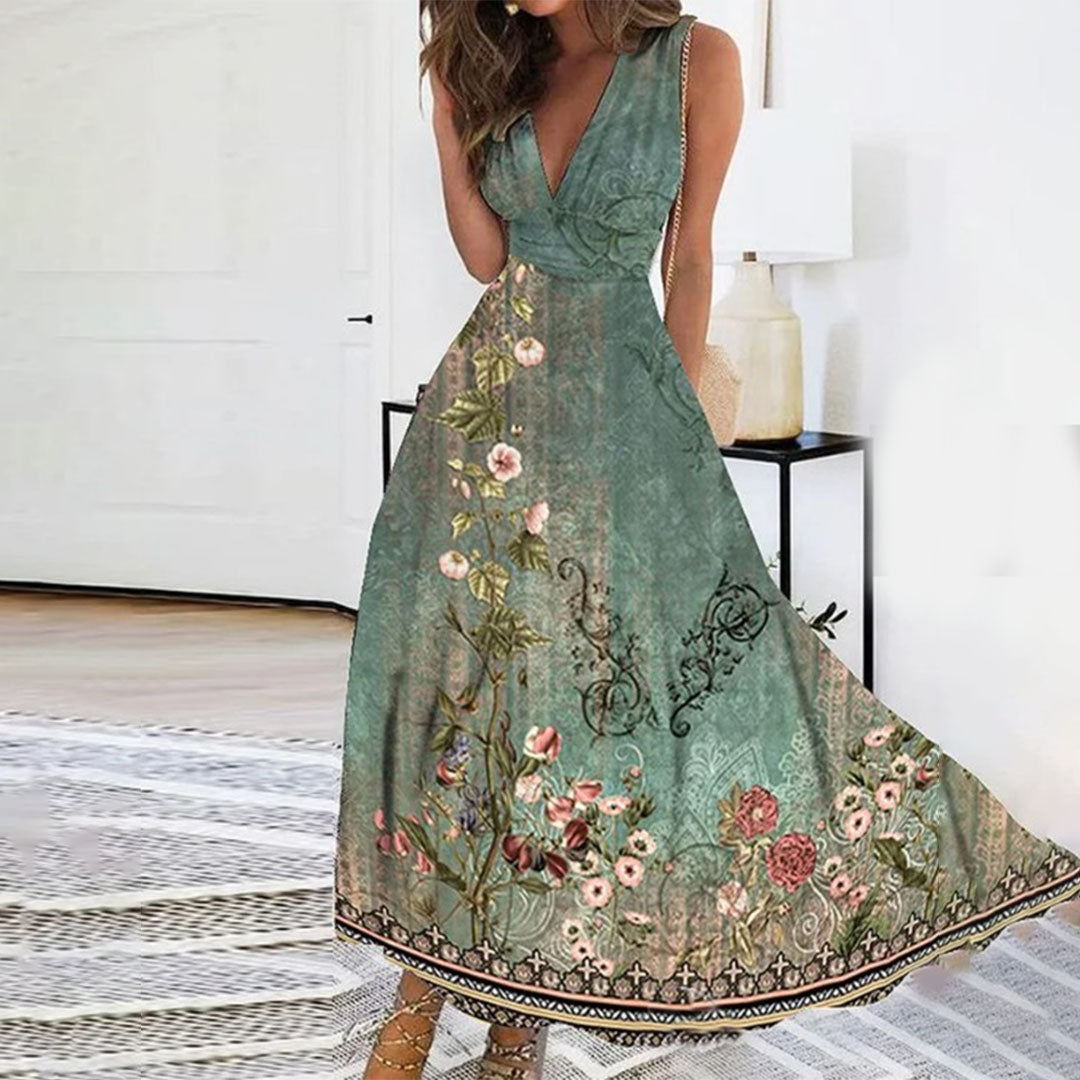 Damen Maxikleid – Luftiger Schnitt – Ärmellos – V-Ausschnitt – Blumenmuster