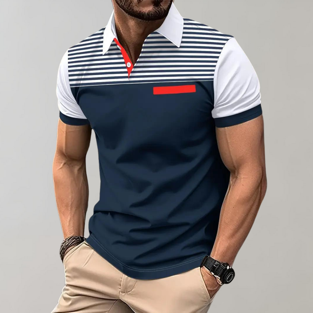 Herren Poloshirt – Slim Fit – Atmungsaktives Gewebe – Gestreifte Brust – Kontrastkragen