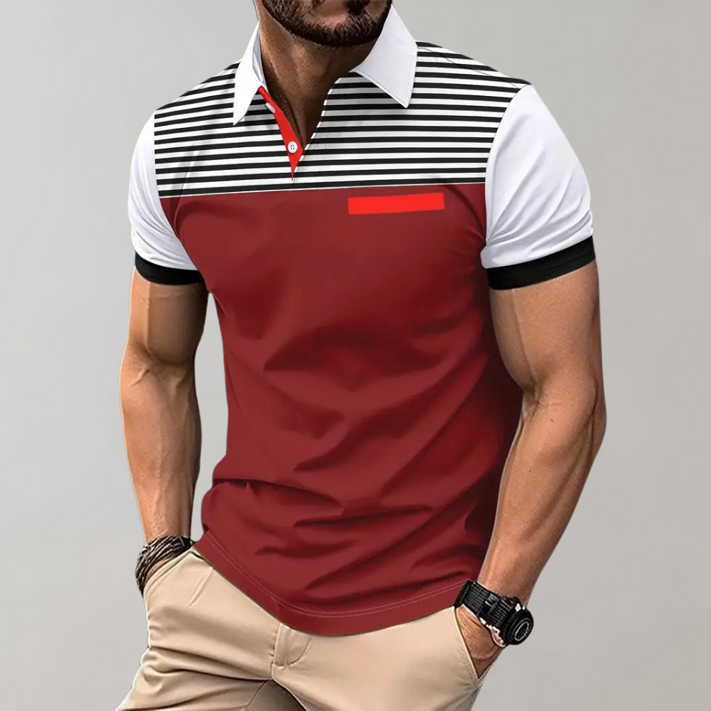 Herren Poloshirt – Slim Fit – Atmungsaktives Gewebe – Gestreifte Brust – Kontrastkragen