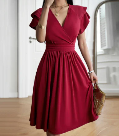 Damen Midi Kleid – Wickeloberteil mit V-Ausschnitt – Flatterärmel – A-Linienform