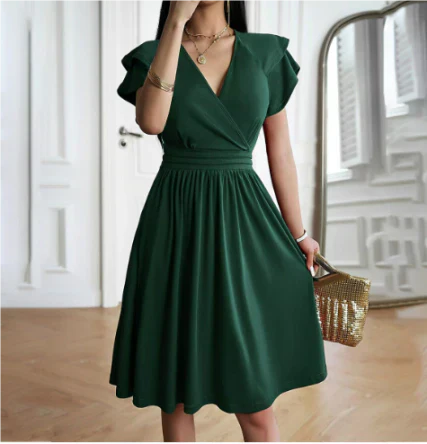 Damen Midi Kleid – Wickeloberteil mit V-Ausschnitt – Flatterärmel – A-Linienform