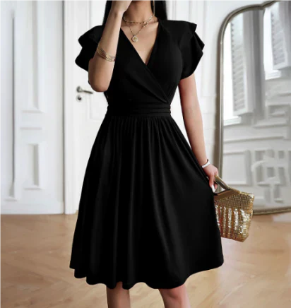 Damen Midi Kleid – Wickeloberteil mit V-Ausschnitt – Flatterärmel – A-Linienform