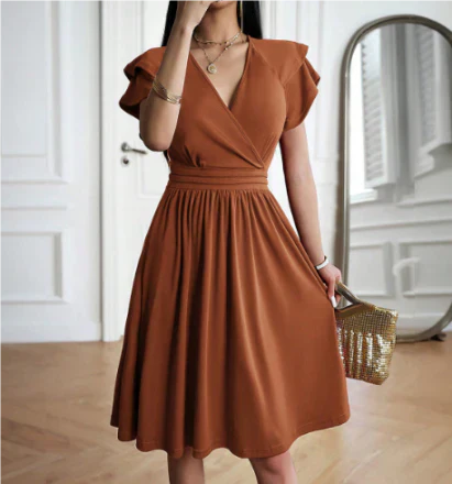 Damen Midi Kleid – Wickeloberteil mit V-Ausschnitt – Flatterärmel – A-Linienform