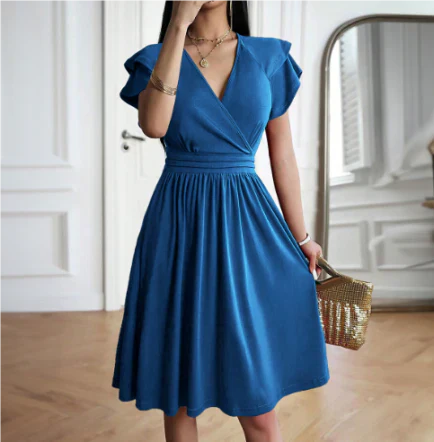 Damen Midi Kleid – Wickeloberteil mit V-Ausschnitt – Flatterärmel – A-Linienform